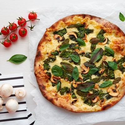 No-Knead Spinach, Mushroom, and Basil Pizza