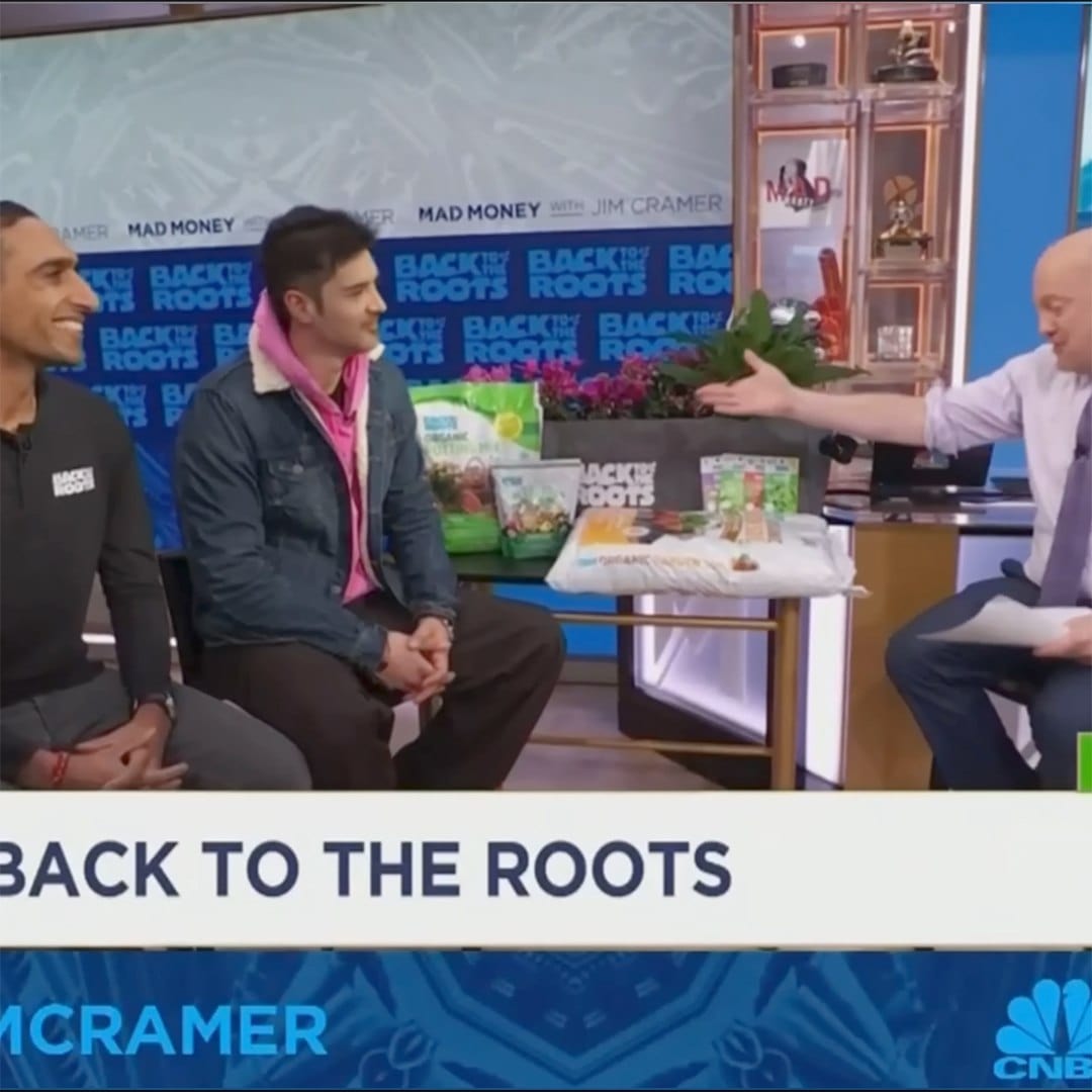 Back to the Roots founders on CNBC Mad Money with Jim Cramer, showcasing gardening products.