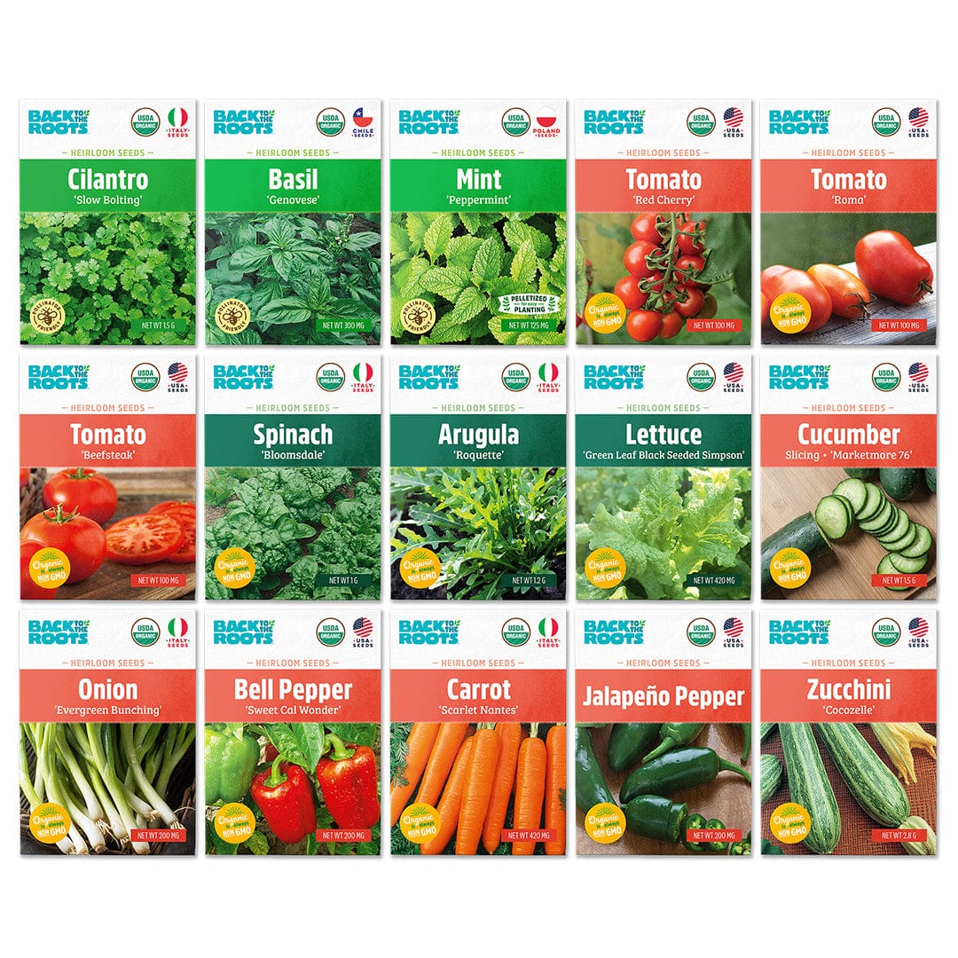 Back to the Roots Organic Garden Essentials 15 Pack offers 10,000+ USA-grown, non-GMO seeds—cilantro, basil, mint, tomato & more—perfect to start your organic garden with fresh vegetables and herbs.