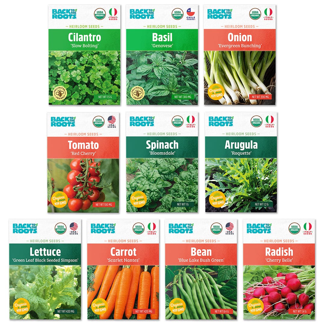 Ten colorful seed packets featuring cilantro, basil, onion, tomato, spinach, arugula, lettuce, carrot, bean, and radish. - Organic Beginner’s Garden, 10 Variety Pack - Seed Packet Bundle - Default Title - Back to the Roots