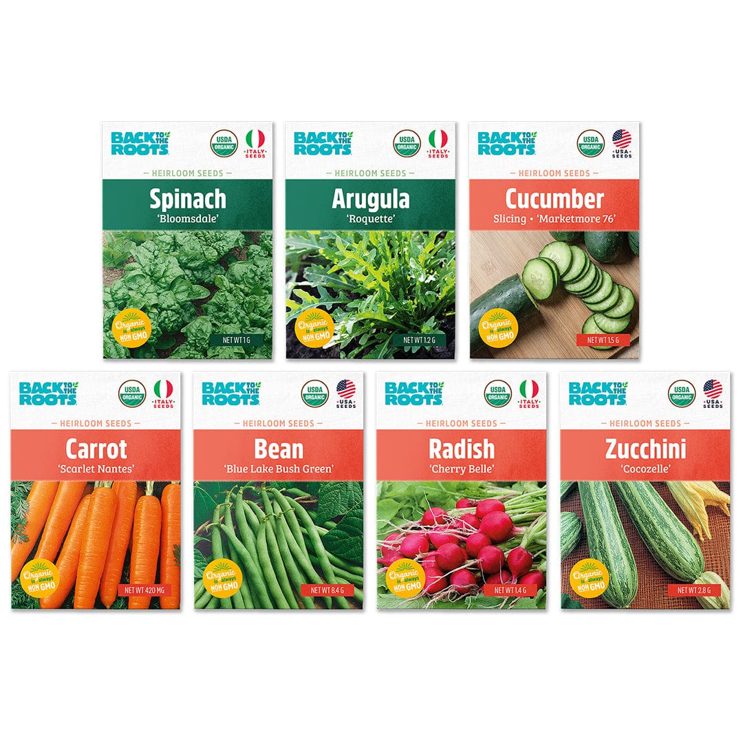 Seven packets from the Back to the Roots Classic Summer Seeds, 7-Pack Organic Seed Bundle—featuring spinach, arugula, cucumber, carrot, bean, radish, and zucchini—are displayed in two rows.