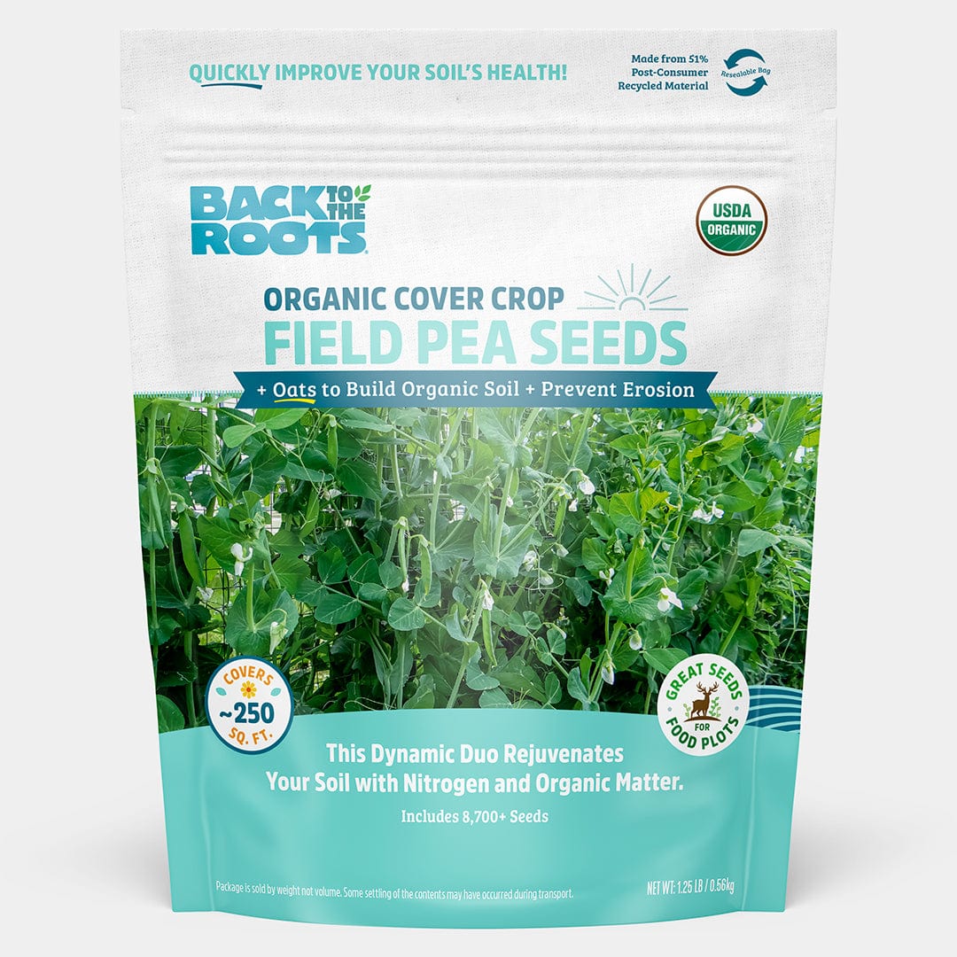 White and teal bag of organic field pea and oats cover crop seeds with plant image and USDA organic seal. - Organic Field Pea (with Oats) Cover Crop Seeds - Default Title - Back to the Roots