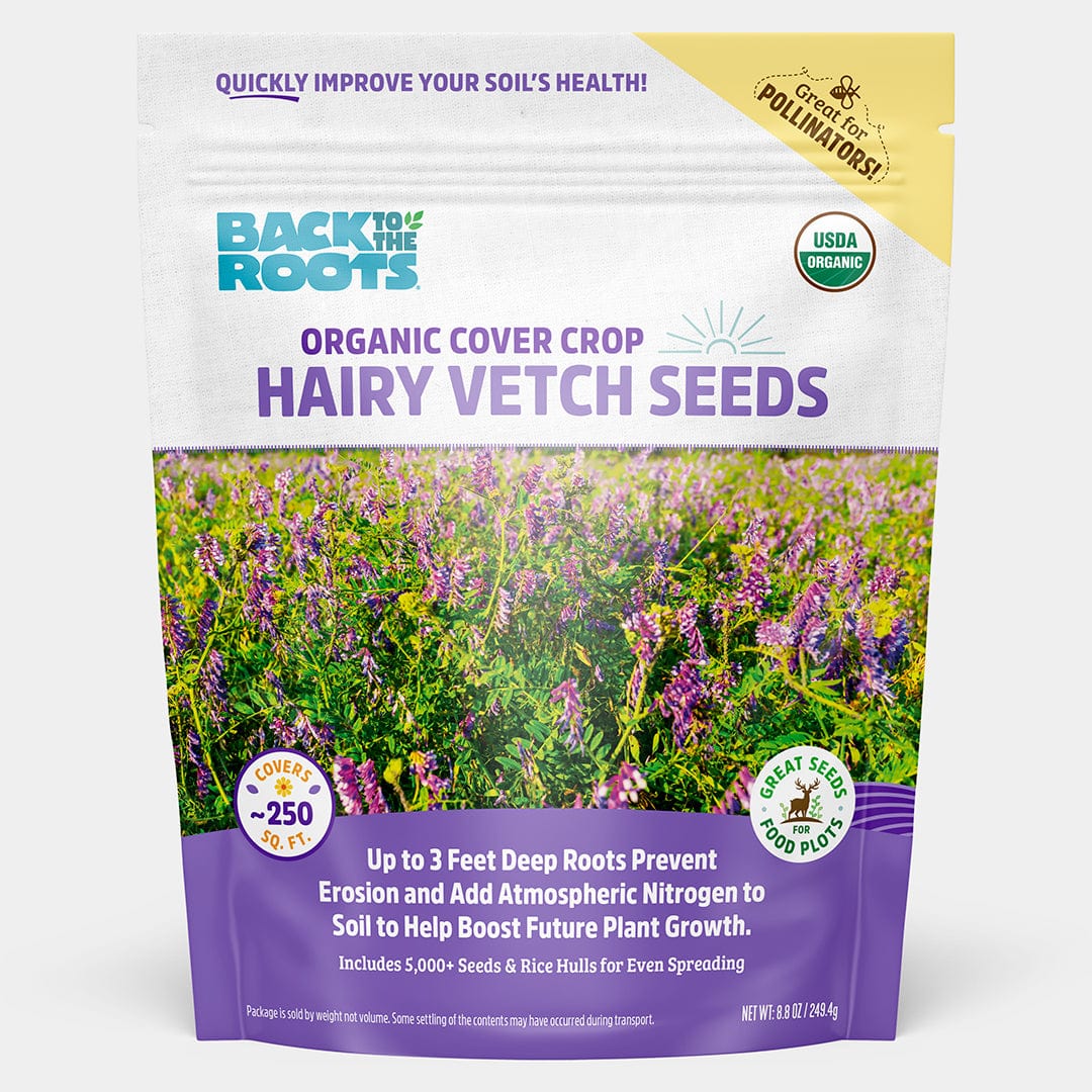 Packet of organic hairy vetch cover crop seeds with purple flowers and USDA organic label. - Organic Hairy Vetch Cover Crop Seeds - Default Title - Back to the Roots