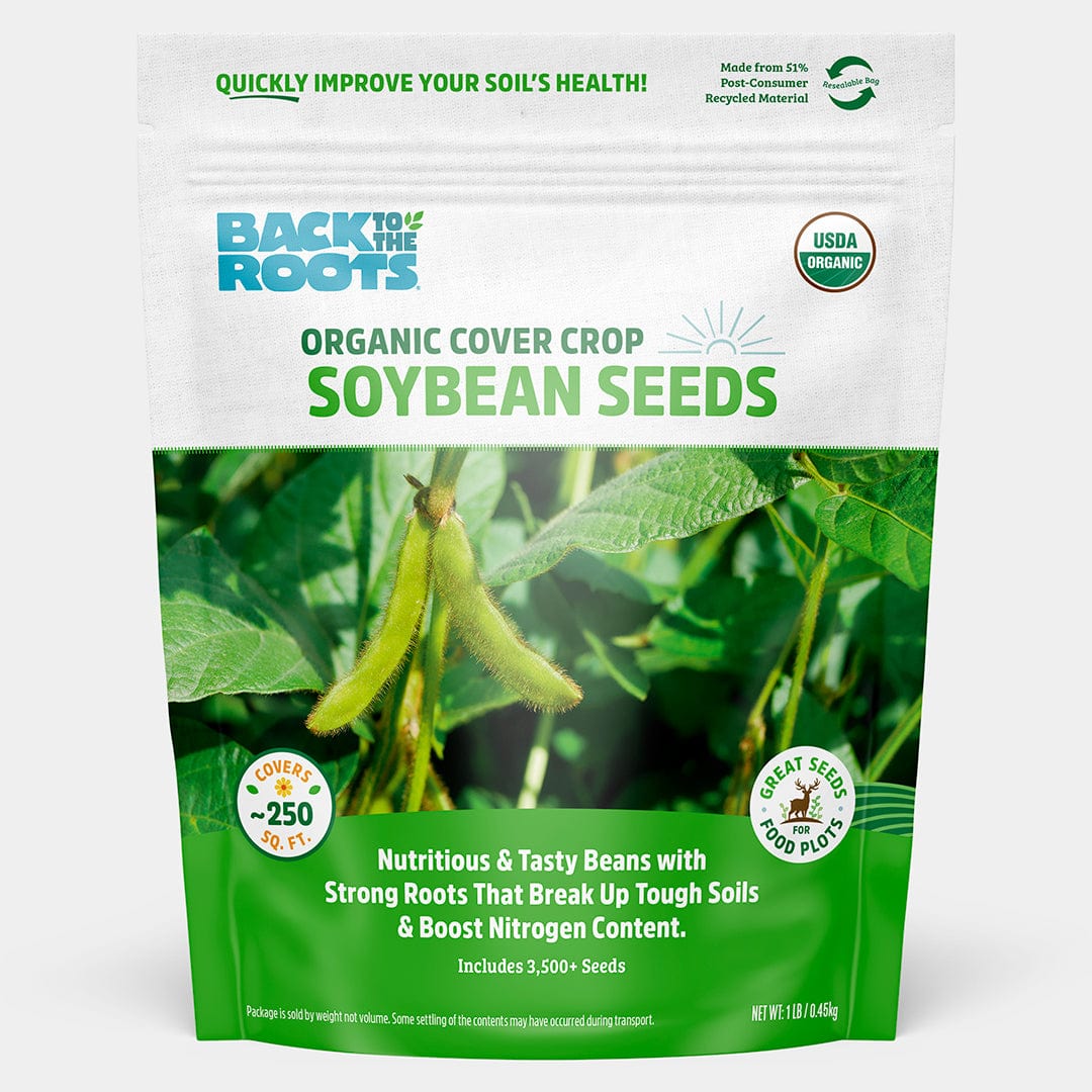 White and green package of organic soybean cover crop seeds with soybean plant image and USDA organic seal. - Organic Soybean Cover Crop Seeds - Default Title - Back to the Roots