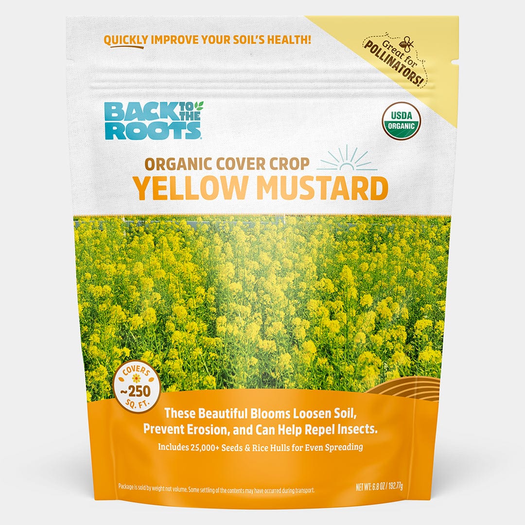 White and orange pouch of organic yellow mustard cover crop seeds with blooming mustard plants on the front. - Organic Yellow Mustard Cover Crop Seeds - Default Title - Back to the Roots