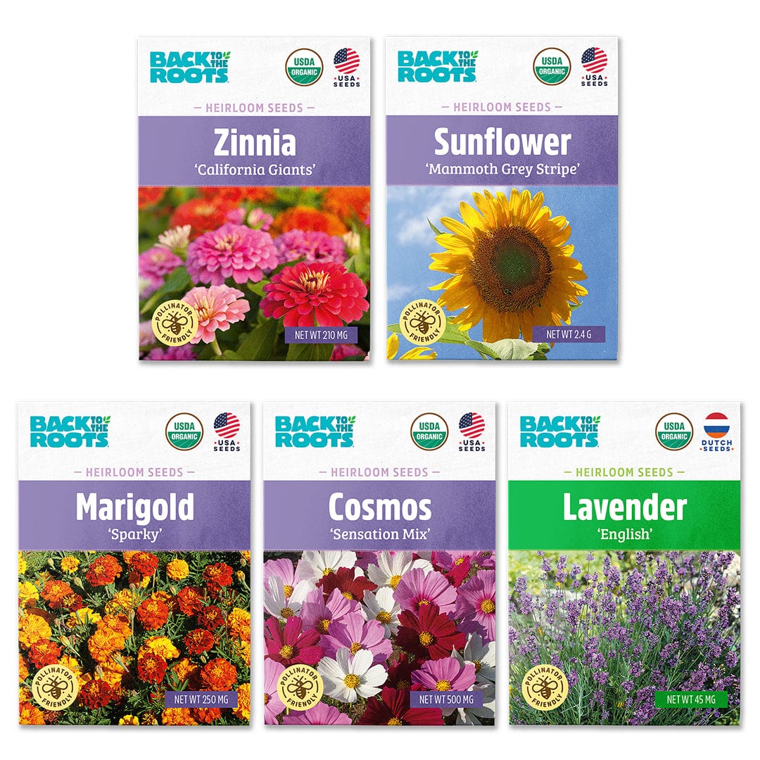The Back to the Roots Organic Flower 5-Pack includes USA-grown, non-GMO seeds: zinnia, sunflower, marigold, cosmos, and lavender, each in vibrant packaging.