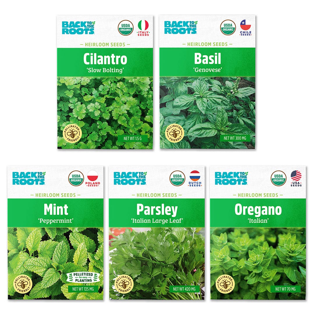 Cilantro, Basil, Mint, Parsley, and Oregano with vibrant green herb images on each. - Organic Herb Garden Variety Pack - Seed Packet Bundle - Default Title - Back to the Roots