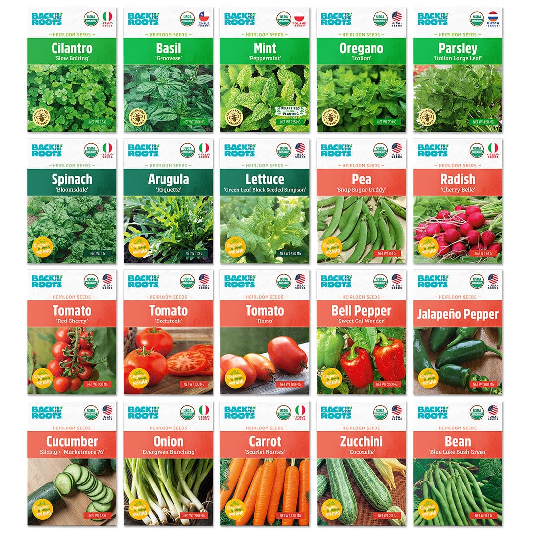 The Back to the Roots Organic Herb & Veggie 20-Pack offers 20 non-GMO seed packets, including cilantro, basil, mint, oregano, and more—ideal for starting your organic garden at home.