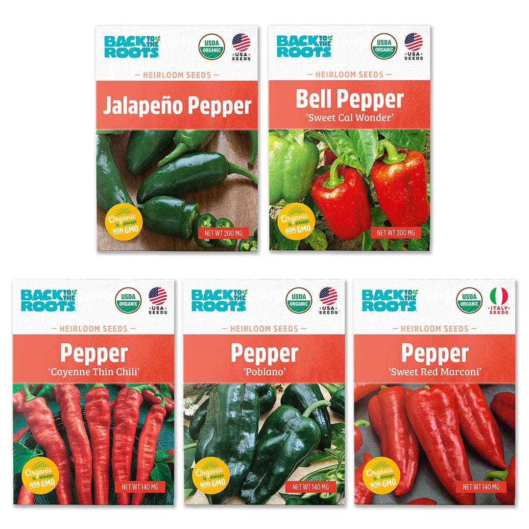Five colorful Back To The Roots organic pepper seed packets featuring jalapeño, bell, cayenne thin chili, poblano, and sweet . - Organic Pepper Medley 5-Pack - Default Title - Back to the Roots