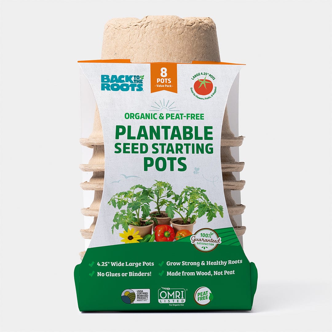 Stack of eight organic, peat-free plantable seed starting pots with green and white packaging and tomato graphic. - Organic & Plantable 4.25" Seed Starting Pots (8 ct) - Default Title - Back to the Roots