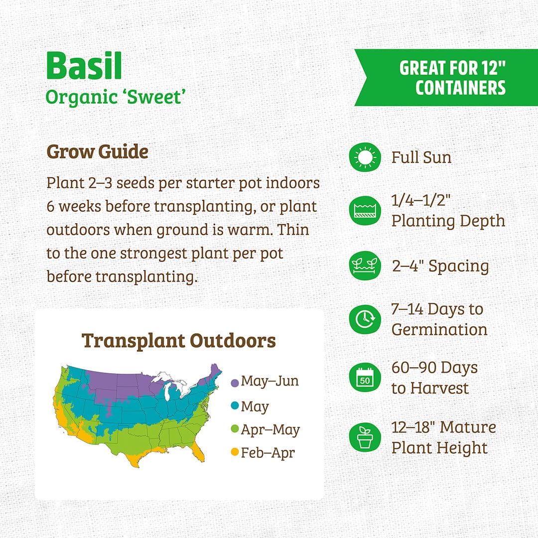 Organic sweet basil seed packet with planting guide and USDA growing zones map. - Organic Basil Seeds — 'Sweet' - Default Title - Back to the Roots