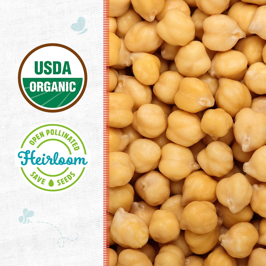 Close-up of beige garbanzo beans next to USDA Organic and Heirloom seed certification badges on a white background. - Organic Bean Seeds — 'Garbanzo' - Default Title - Back to the Roots