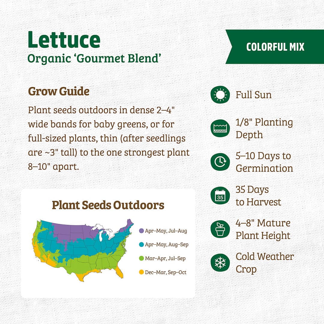 Back to the Roots Organic Lettuce Seeds — 'Gourmet Blend' grow guide: includes planting map, sun and seed depth tips, germination, harvest time, and cool weather suitability—perfect for a fresh gourmet salad blend.