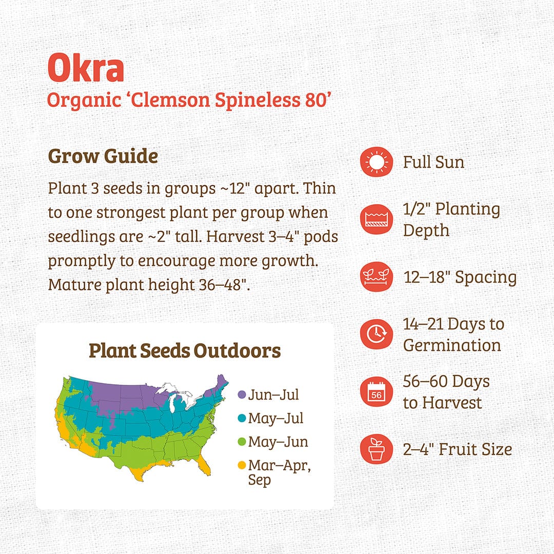Back to the Roots Organic Okra Seeds—'Clemson Spineless'—come with a growing guide covering sowing, spacing, harvest timing for healthy pods, plus a color-coded US planting zone map for warm-weather okra cultivation.