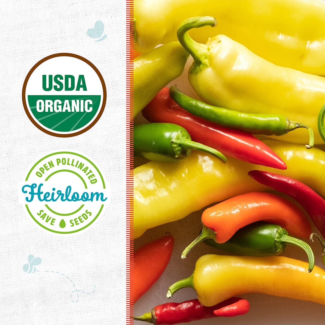 Organic hot pepper mix with yellow, red, and green peppers and USDA organic and heirloom seed badges. - Organic Pepper Seeds — 'Hot Pepper Mix' - Default Title - Back to the Roots