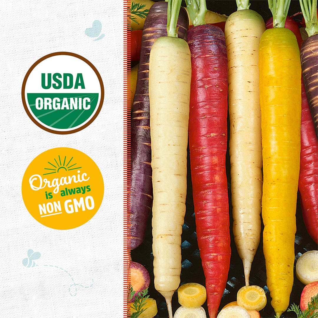 Organic Carrot Seeds — 'Rainbow Blend' by Back to the Roots features USDA Organic and Non-GMO certified seeds in purple, white, red, yellow, and orange—ideal for gardeners seeking unique, colorful vegetables.