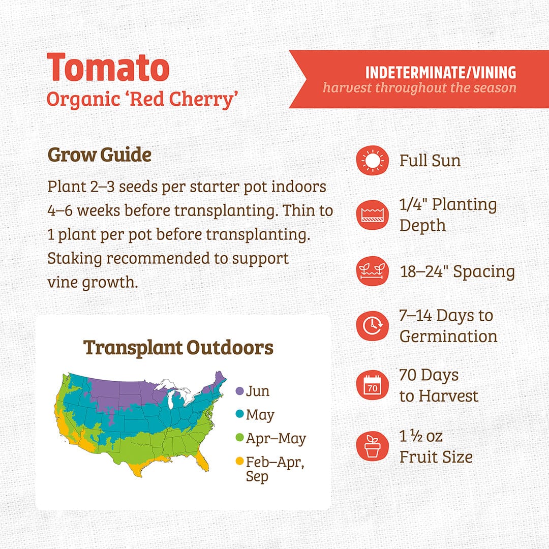 Organic Red Cherry tomato seed packet with growing instructions and U.S. transplant map. - Organic Tomato Seeds — 'Red Cherry' - Default Title - Back to the Roots