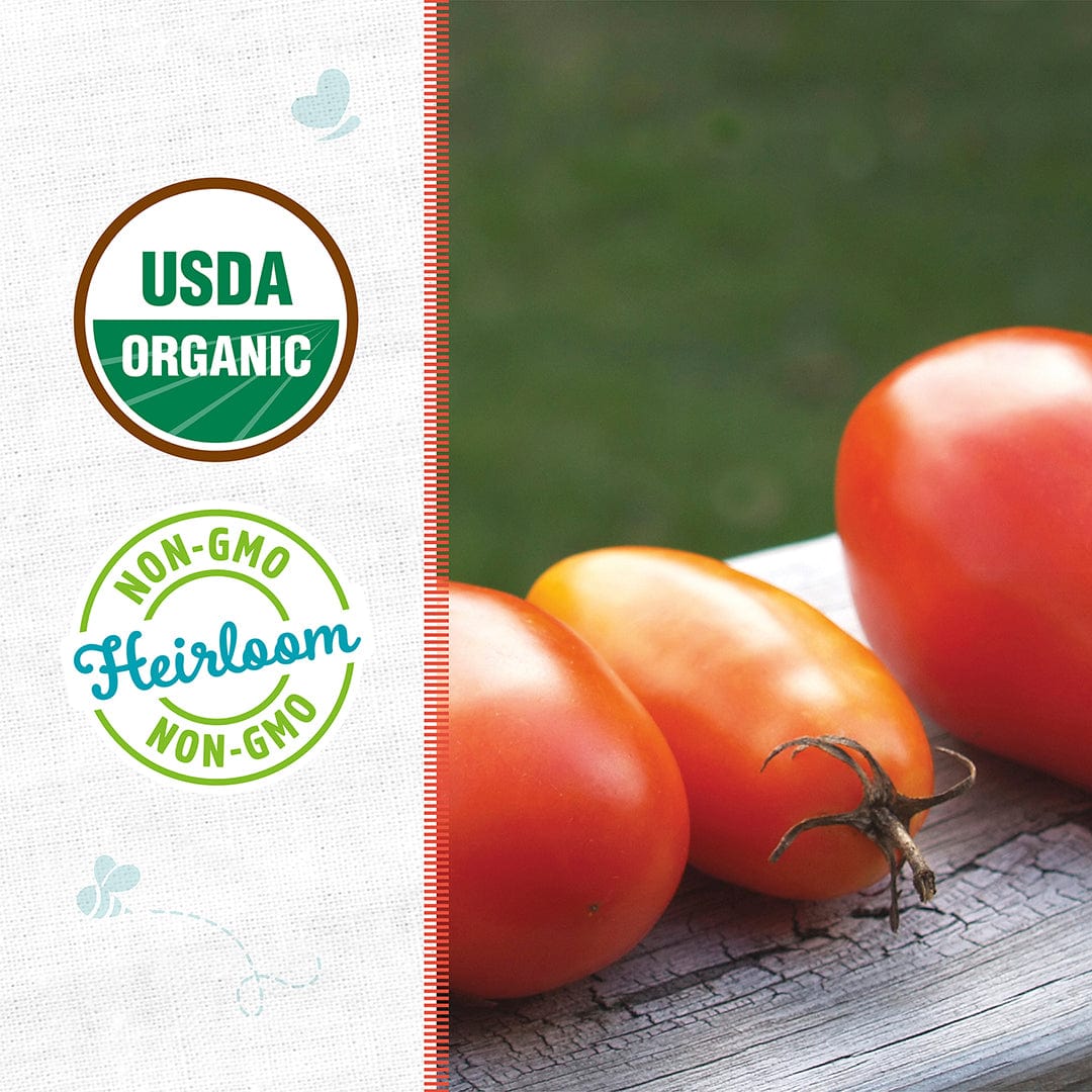 Close-up of ripe organic Roma tomatoes with USDA Organic and Non-GMO Heirloom labels on left side. - Organic Tomato Seeds — Roma - Default Title - Back to the Roots