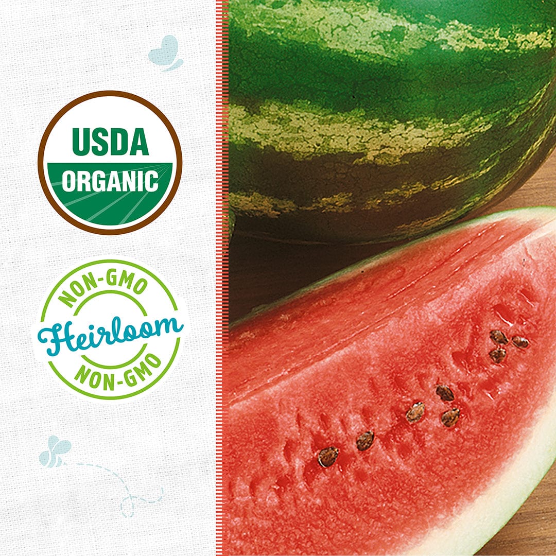 Close-up of sliced Crimson Sweet watermelon showing vibrant red flesh and black seeds with green striped rind. - Organic Watermelon Seeds — 'Crimson Sweet' - Default Title - Back to the Roots