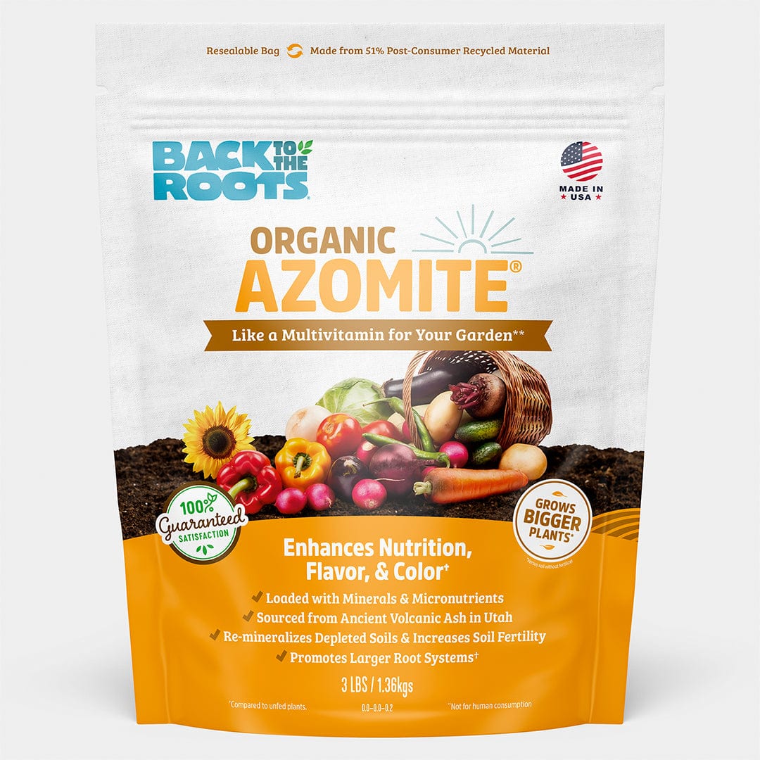 3lb bag of Back to My Roots Organic Azomite with vegetables and natural colors on packaging. - Organic Azomite (3lb) - Default Title - Back to the Roots
