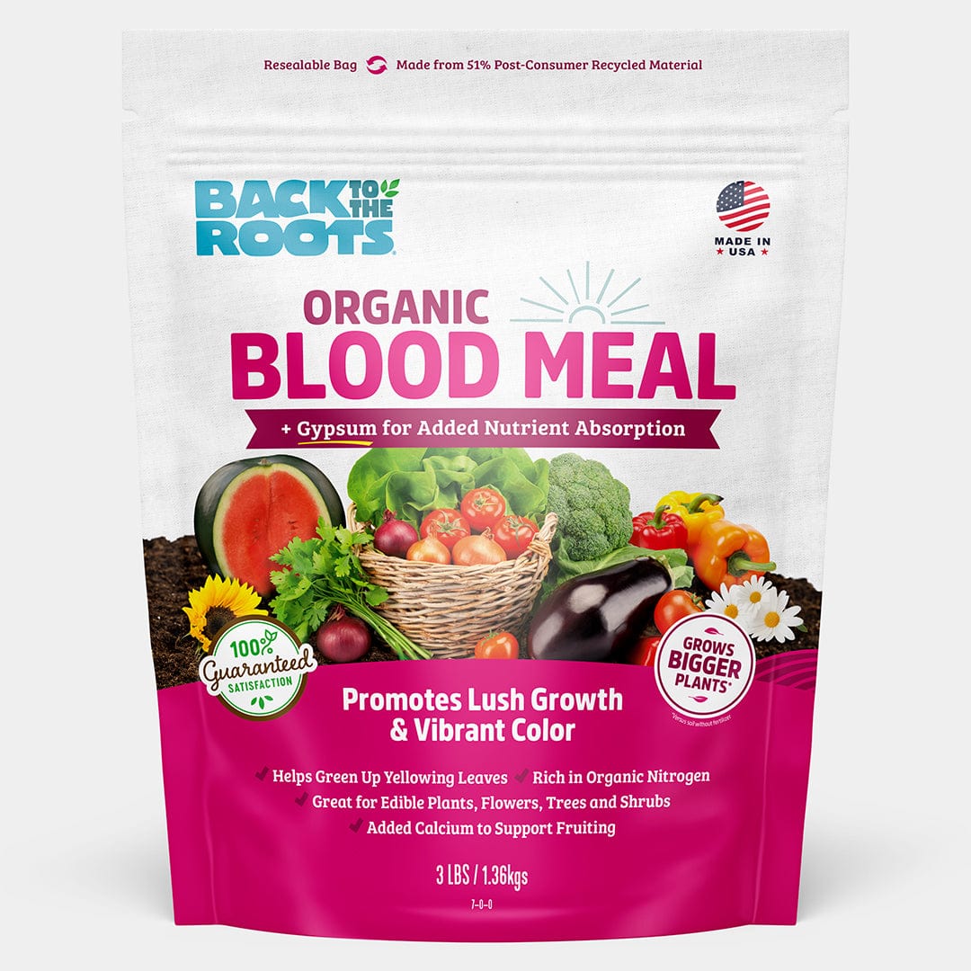 3 lb bag of Organic Blood Meal with Gypsum featuring vibrant vegetables and bold pink and white packaging. - Organic Blood Meal with Gypsum (3lb) - Default Title - Back to the Roots