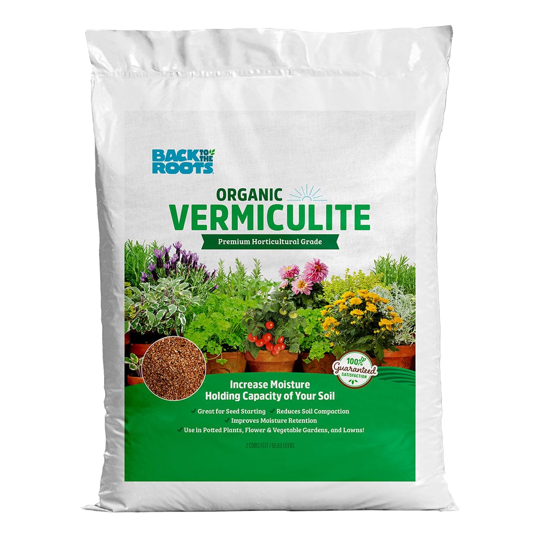 A white bag labeled "Back to the Roots Organic Vermiculite - Premium Horticultural Grade (2 Cu.ft.)" features flowering plants and product benefits, highlighting its role as a soil conditioner for better moisture retention in gardening.