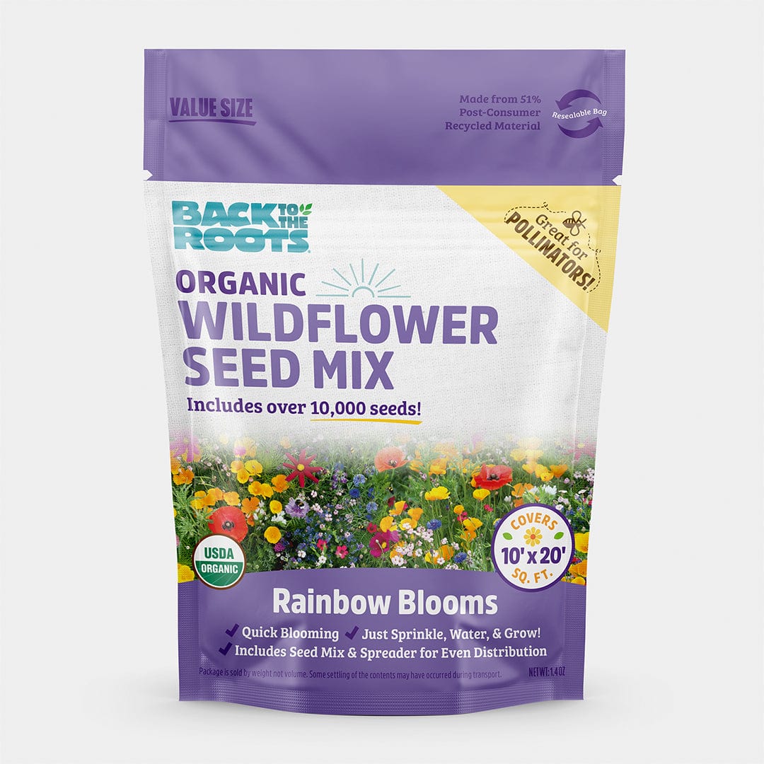 Purple and white resealable pouch of organic wildflower seed mix with colorful flower illustration and "Rainbow Blooms" label. - Organic Wildflower Mix - Default Title - Back to the Roots