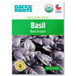 Back to the Roots Organic Basil Seeds — 'Red Rubin' feature an image of dark purple leaves; these organic heirloom seeds are perfect for growing flavorful basil in your home garden.