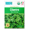 Back to the Roots Organic Cilantro Seeds — 'Slow Bolting' feature certification logos and a photo of fresh cilantro leaves, ideal for home-growing this cool-weather herb.