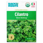 Back to the Roots Organic Cilantro Seeds — 'Slow Bolting' feature certification logos and a photo of fresh cilantro leaves, ideal for home-growing this cool-weather herb.