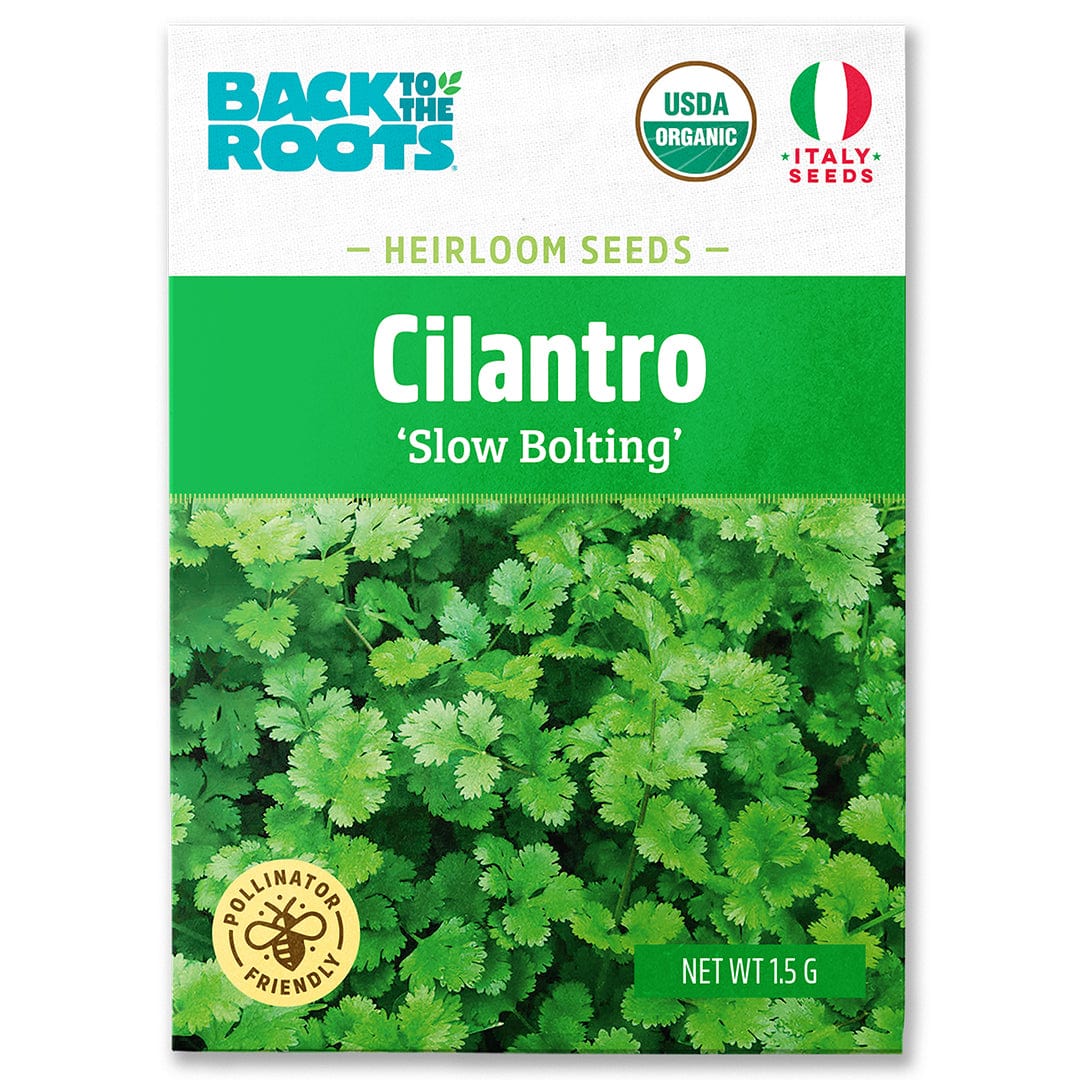 Back to the Roots Organic Cilantro Seeds — 'Slow Bolting' feature certification logos and a photo of fresh cilantro leaves, ideal for home-growing this cool-weather herb.
