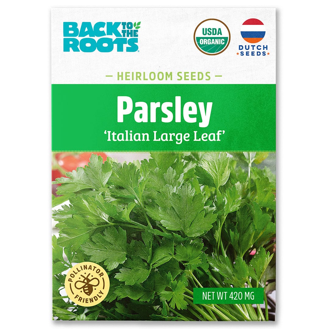 Back to the Roots Organic Parsley 'Italian Large Leaf' seeds packet with green and white design and fresh parsley leaves. - Organic Parsley Seeds — 'Italian Large Leaf' - Default Title - Back to the Roots
