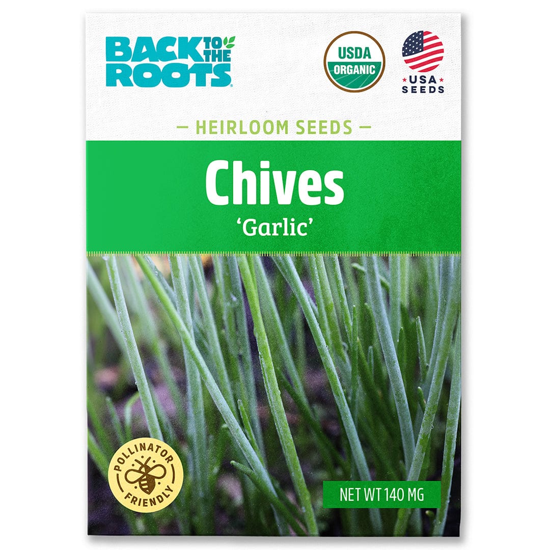 A packet of Back to the Roots Organic Chives Seeds — 'Garlic' is USDA Organic, pollinator friendly, and shows a close-up of cool-season perennials with a mild onion flavor.
