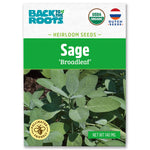 Back to the Roots Organic Sage Seeds 'Broadleaf' packet features images of this culinary herb, notes USDA Organic certification, Dutch seeds, pollinator friendly, 140mg net weight, and recommends using the grow calendar tool for planting tips.