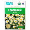 Back to the Roots Organic Chamomile Seeds — 'German', certified organic, pollinator-friendly, and Dutch Seeds. Features chamomile flower images; ideal for growing your own herbal tea at home. Perfect for organic gardening.