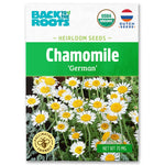 Back to the Roots Organic Chamomile Seeds — 'German', certified organic, pollinator-friendly, and Dutch Seeds. Features chamomile flower images; ideal for growing your own herbal tea at home. Perfect for organic gardening.