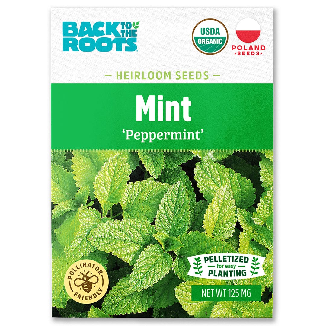 Packet of Back to the Roots organic peppermint mint seeds with green leaf illustration and USDA Organic label. - Organic Mint Seeds — 'Peppermint' - Default Title - Back to the Roots