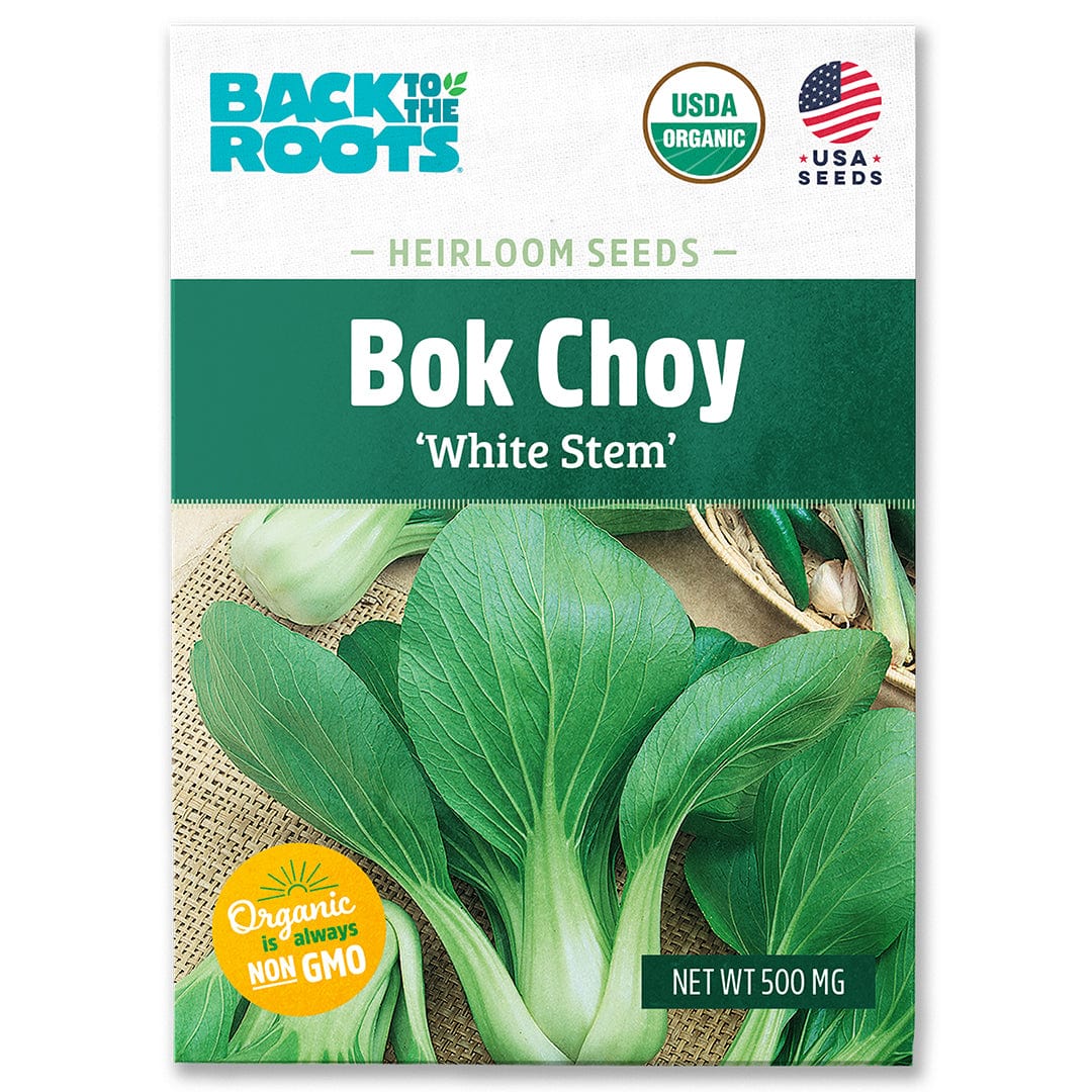 Back to the Roots Organic Bok Choy Seeds ‘White Stem’—USDA Organic, non-GMO, USA-grown heirloom seeds with an image of fresh Asian greens on the packet.
