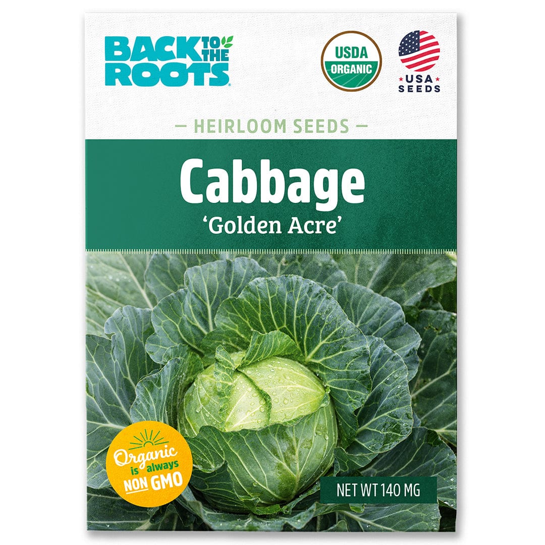 Packet of Back to the Roots organic 'Golden Acre' cabbage seeds with green cabbage image and USDA organic label. - Organic Cabbage Seeds — 'Golden Acre' - Default Title - Back to the Roots