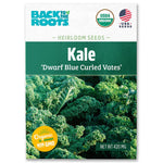 Back to the Roots Organic Kale Seeds—'Dwarf Blue Curled Vates'—feature images of cold-hardy, curly kale leaves and certification badges, perfect for growing nutritious greens.