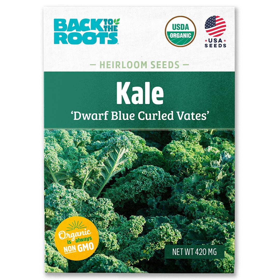 Back to the Roots Organic Kale Seeds—'Dwarf Blue Curled Vates'—feature images of cold-hardy, curly kale leaves and certification badges, perfect for growing nutritious greens.