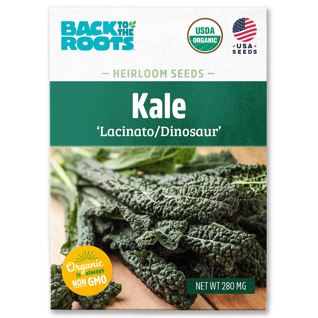 Organic kale seeds packet labeled Lacinato/Dinosaur with dark green textured kale leaves on front. - Organic Kale Seeds — 'Lacinato/Dinosuar' - Default Title - Back to the Roots