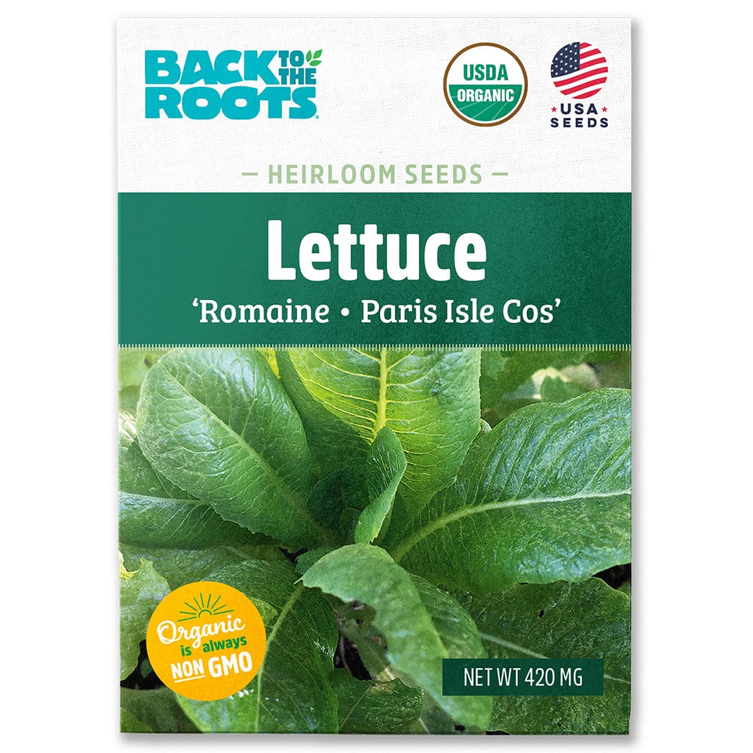 Back to the Roots Organic Lettuce Seeds—Romaine 'Paris Isle Cos', USDA organic, non-GMO, 420 mg pack; ideal cool-weather crop for fresh salads, featuring vibrant lettuce images on the label.