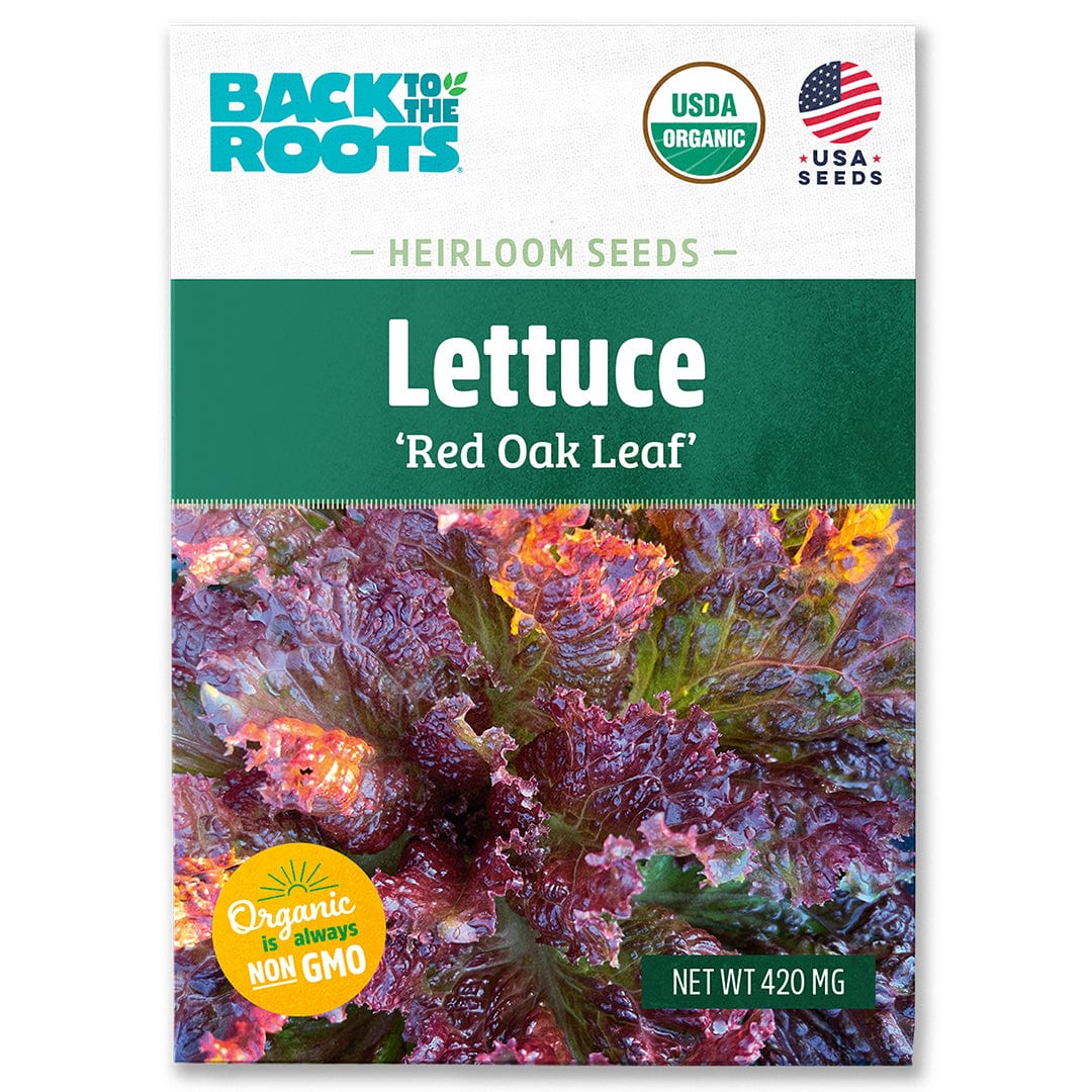 Packet of Back to the Roots organic red oak leaf lettuce seeds with USDA organic and Non-GMO labels. - Organic Lettuce Seeds — 'Red Oak Leaf' - Default Title - Back to the Roots