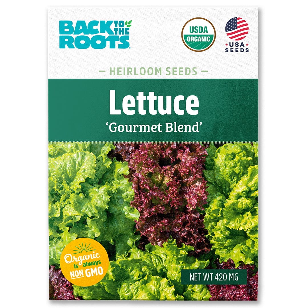 Back to the Roots Organic Lettuce Seeds — 'Gourmet Blend' are USDA Organic, Non-GMO USA seeds featuring green and red salad varieties, perfect for growing a gourmet cool weather crop.