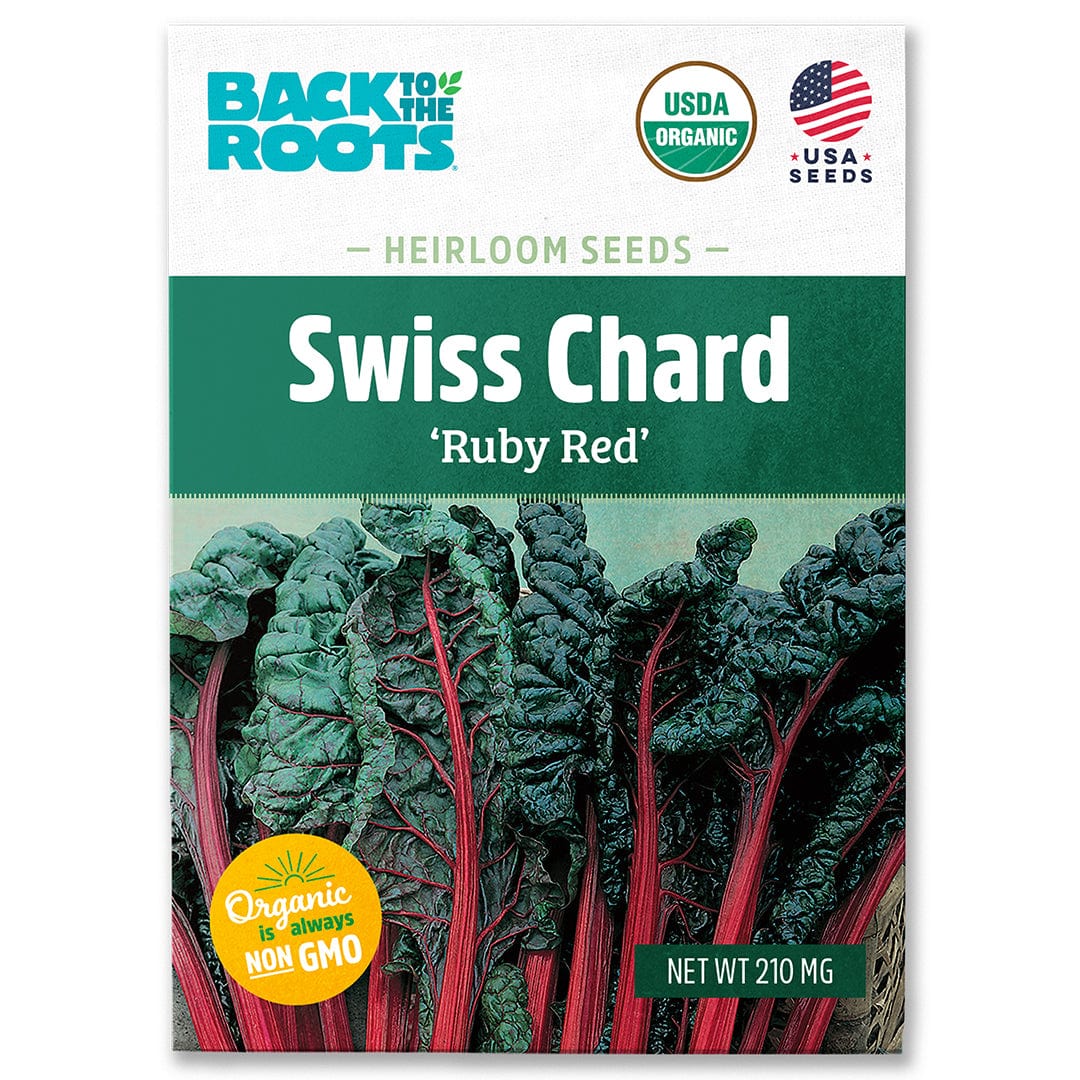 Organic Swiss Chard seeds packet featuring vibrant green leaves with bright red stems labeled Ruby Red. - Organic Swiss Chard Seeds — 'Ruby Red' - Default Title - Back to the Roots