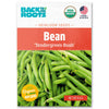 A Back to the Roots seed packet labeled "Organic Bean Seeds — 'Tendergreen Bush'," featuring high-protein green beans, USDA Organic and Non-GMO labels, and a net weight of 8.4 grams.