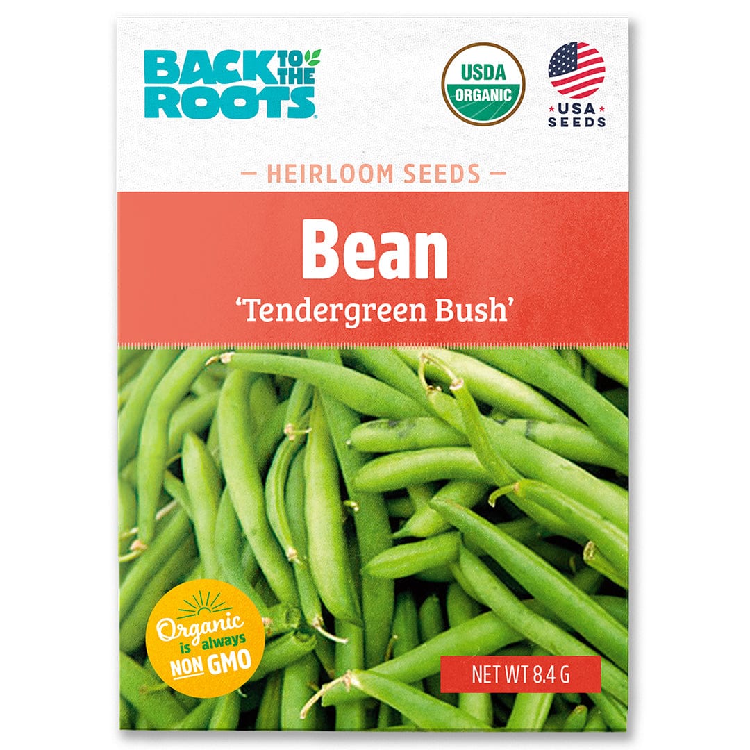A Back to the Roots seed packet labeled "Organic Bean Seeds — 'Tendergreen Bush'," featuring high-protein green beans, USDA Organic and Non-GMO labels, and a net weight of 8.4 grams.