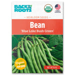 Packet of Back to the Roots Organic Blue Lake Bush Green bean seeds with fresh green beans and leaves on front. - Organic Bean Seeds — 'Blue Lake Bush Green' - Default Title - Back to the Roots