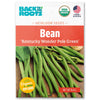 A packet of Back to the Roots Organic Bean Seeds — 'Kentucky Wonder Pole Green', featuring vibrant pole beans and USDA Organic, non-GMO certification.